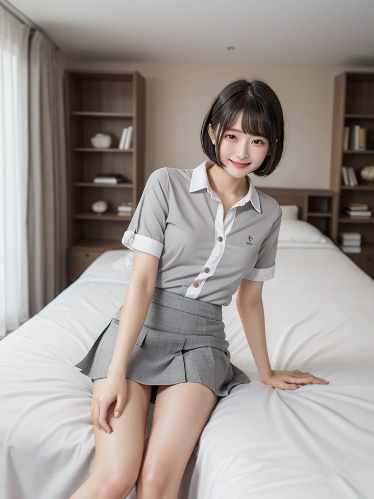 (Highest quality、masterpiece:1.9)、((Neat and clean female college student、1 person))、Soft lighting by a professional photographer、Natural light、((Very spacious white luxurious room:1.6))、((Bright white room:1.6))、(Sitting on a very luxurious white bed:1.2)、(White Bookcase:1.1)、Natural soft light、((Black Hair:1.1))、Fair skin、Detailed Eyes、double eyelid、Slightly puffy cheeks、((Small Face:1.0))、((Checked one-piece shirt、Grey mini skirt、Please wear it with the chest open.:1.4))、(smile)、((Girly pose 1.8))、High resolution,、((Short Bob Cut Hair:1.2))、((Full Body Shot:1.2))、Live-action image quality、((Height: 150cm))、Hands in front、Hide your hands between your legs、(bangs:1.1)、
