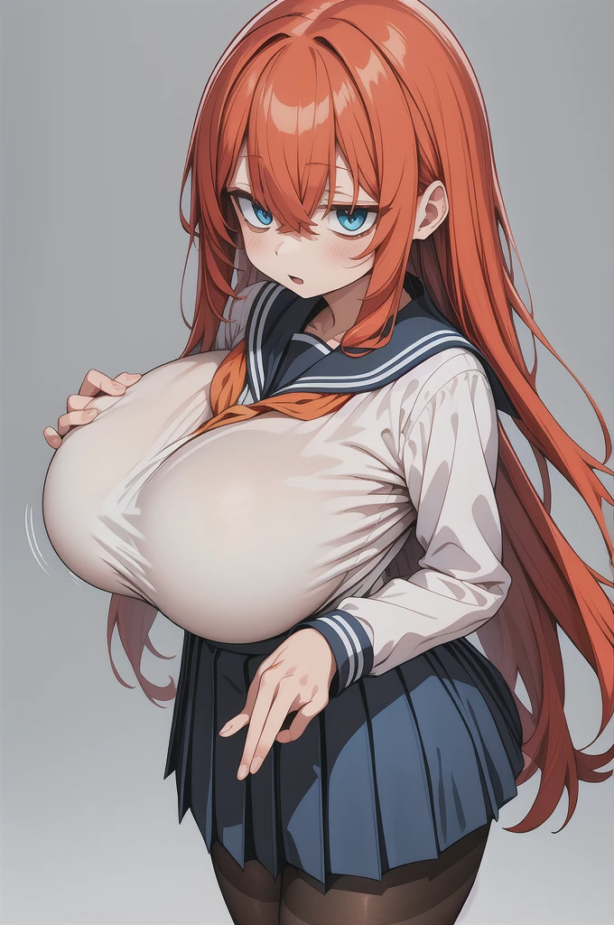 komaro, blue eyes, Orange Hair, , bangs, Hair between the eyes, Long Hair, Long sleeve, , Seraph, Sailor collar, (White shirt:1.2), Pleated skirt, Black Pantyhose,gigantic breasts,, Highest quality, masterpiece, High resolution,1 boy, pov hands, grab breasts,grab breasts