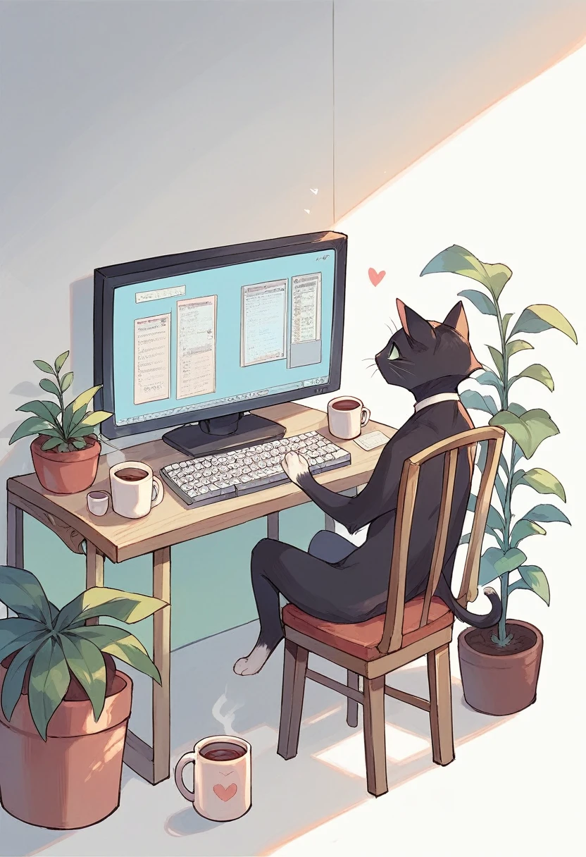 SD Main, Flat Illustration,
masterpiece, Highest quality,,No humans, Mug, plant, Cat, cup, Chair, heart, potted plant, White Background, coffee Mug, Sitting, alone, keyboard, monitor
 