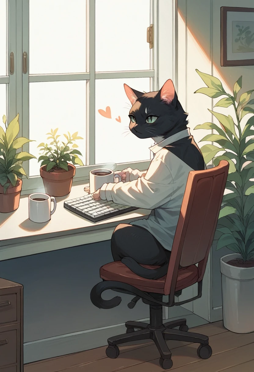 SD Main, Flat Illustration,
masterpiece, Highest quality,,No humans, Mug, plant, Cat, cup, Chair, heart, potted plant, White Background, coffee Mug, Sitting, alone, keyboard, monitor