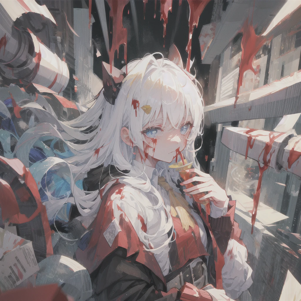 There is blood on the face,Blood is splattered,White hair,Clear,woman,