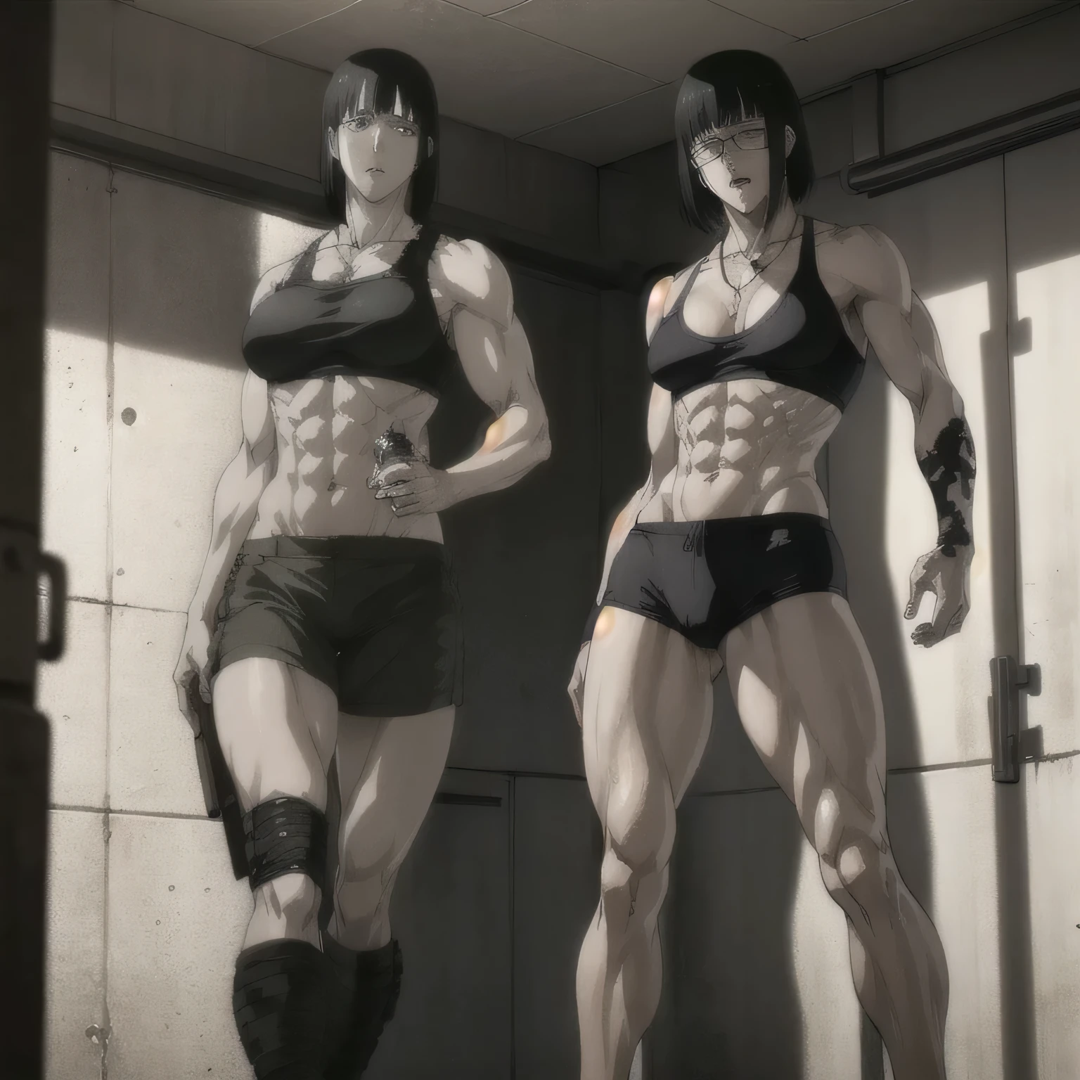 (best quality,ultra-detailed,realistic:1.37),musclaur badass girl with sculpted body with preview her musclaur body and six-pack, full review of the female character's face and body, intense expression,studio lighting, vivid colors, physiologically-based rendering, grungy texture, rugged background, dust particles in the air, commanding presence, professional, powerful, gritty aesthetics,,Valmet،short hair،tattoos on shoulders,,Shining muscles, muscle protrusion,wearing military male black underwear and midriff tank top,necklace,Valmet have a sex muscles,eyepatch,penis,wet body,wet clothes,white skin,water dropped on body,Shining skin,in bathroom,In front of a laundry,Staring at a mirrorside standing view,sexy six-pack,sexy muscles,bodybuilding female,tight muscles,Valmet only