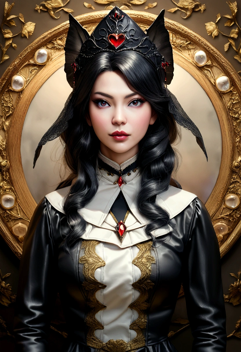 Photo de face d'une femme gothique, maquillage noir, visage fin, dominante, Ultra detailed, photorealistic, chef-d'artwork.