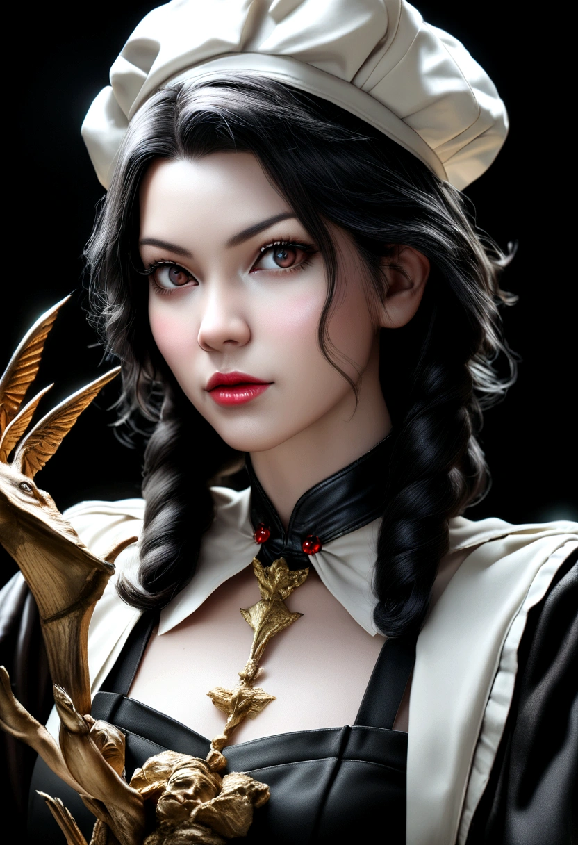 Photo de face d'une femme gothique, maquillage noir, visage fin, dominante, Ultra detailed, photorealistic, chef-d'artwork.