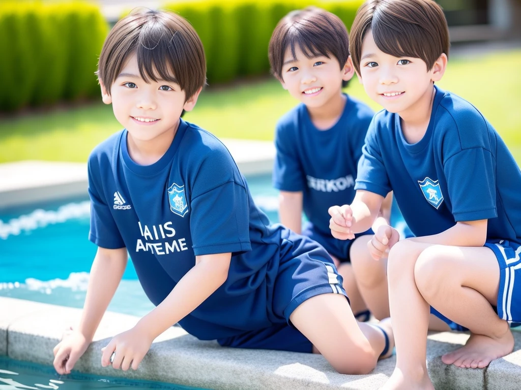 夏休みのprimary school校、Pool、primary school5Grade、Japan Boy、hot day、Two boys talking、Short sleeve gym uniform、Blue shorts、physical education、barefoot,(Boy 1.4)、Boys only 、(10Age 1.4)
