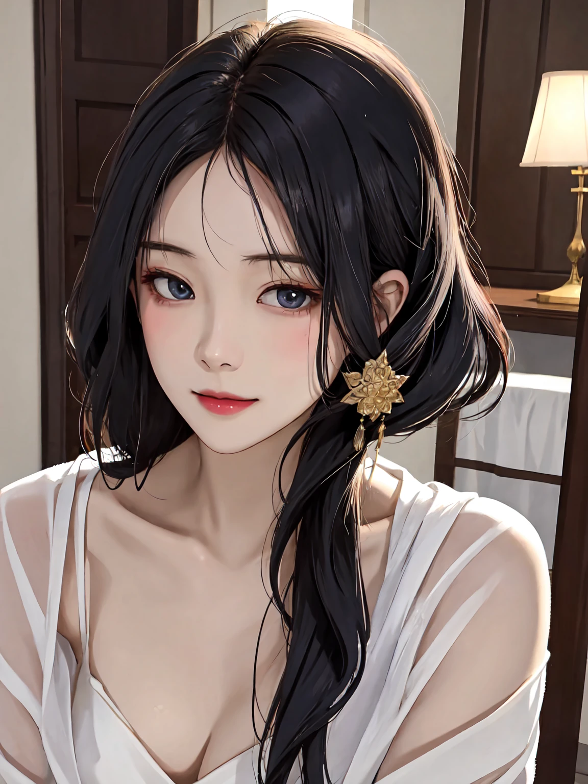 Photorealistic 8K render, extremely detailed and intricate, masterful anatomy study, perfect face and body symmetry, cinematic lighting
A stunningly beautiful 18 year old Japanese woman with delicate facial features, porcelain skin and a slender, toned figure. She has long silky black hair that flows over her shoulders. Her expression is gentle yet alluring, with full lips hinting at a subtle smile. She is wearing a silk robe that is slightly parted, revealing a glimpse of her flawless skin underneath. The lighting is soft and warm, accentuating her facial features and the curves of her body. The background is an elegant, blurred bedroom setting.