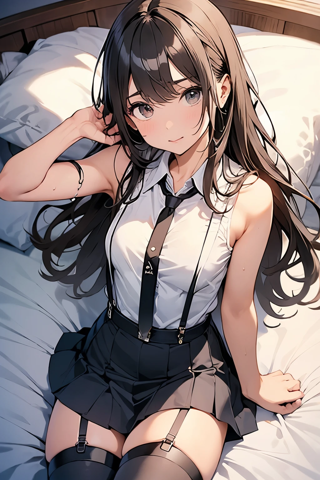 Gazing at the audience Black suspenders bulging big breasts wall mini skirt garterbelt garter vision Small face holster Beautiful woman Show me your hands Lying in bed vision Taunt ~ side ~ side汗 arm belt summer Armpit sweat