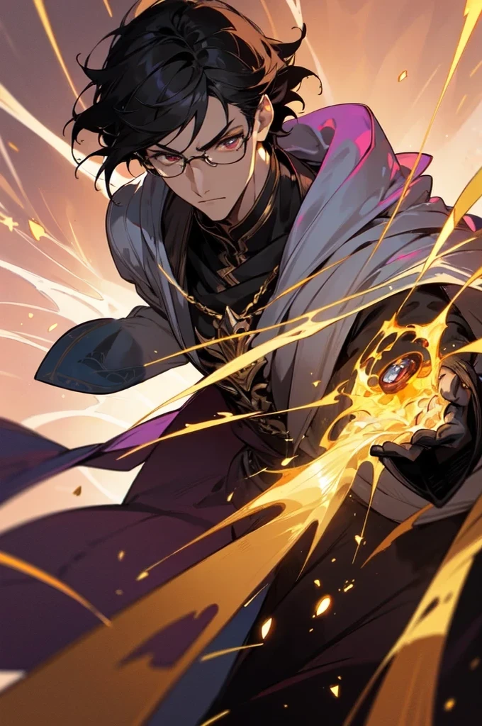 masterpiece, best quality, 1 male, young, tall muscular, handsome, finely detailed eyes, intricate details, black hair, short hair, evil face, solo, upper body, detailed dark shadow background, detailed face, good sorcerer, color magical robes, determined expression, white color scheme, dark crimson light, glowing magical runes, realistic lighting, floating particles, sparks, surrounded by gold lightning red arcane symbols, corrupted by eldritch power, bloom, glasses, gloves, holding rod