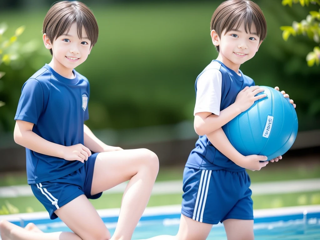 夏休みのprimary school校、Pool、primary school５Grade、Japan Boy、hot day、Two Boys、Short sleeve gym uniform、Blue shorts、physical education、barefoot，（Boy 1.4）、Boys only 、(１０Age 1.４)