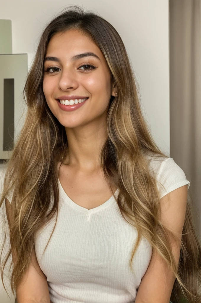 24YO, one attractive Jordanian women, cute smile, white teethes, skinny face, green shirt, light brown eyes, small nose, black/blonde long hair