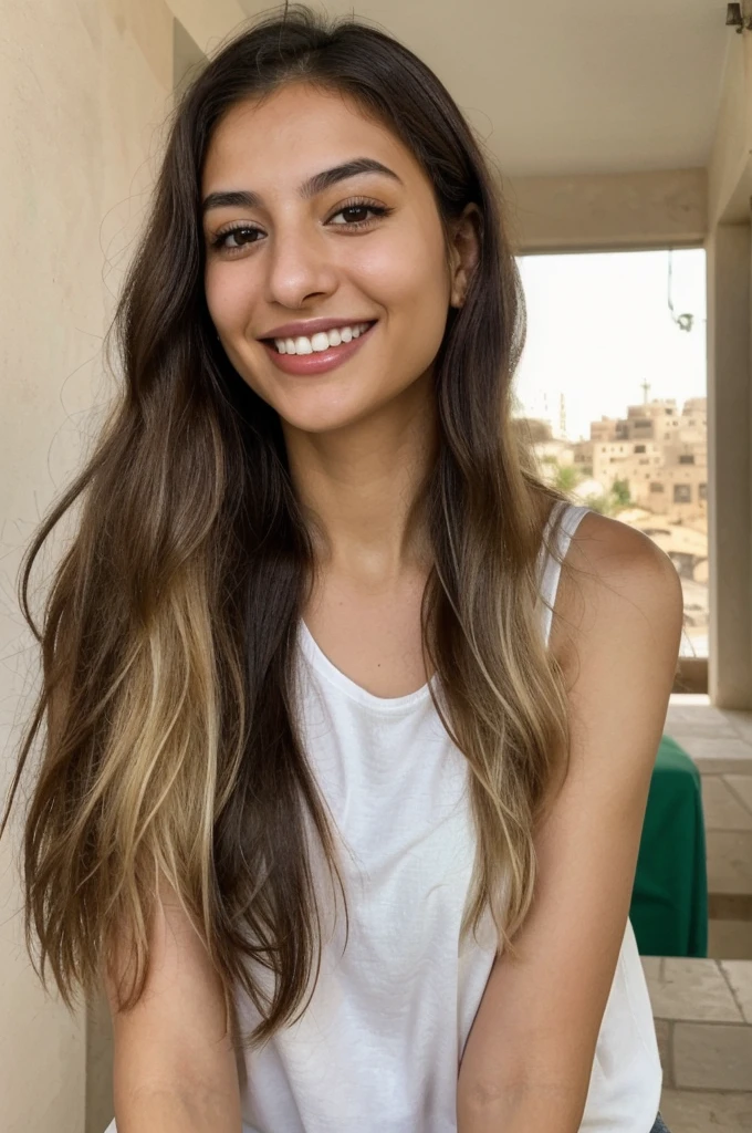 24YO, one attractive Jordanian women, cute smile, white teethes, skinny face, green shirt, light brown eyes, small nose, black/blonde long hair
