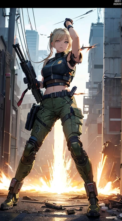masterpiece, Nod, Goddess of victory character, (Battle Android Model), Female character android, (Wear it by jacking it with a strap, cargo pants, Military vest), (Have a weapon), Action pose, Battle Damage, (appear (Damaged:1.5) electricity (Android Parts:1.3)), (wallpaper, Screensavers)