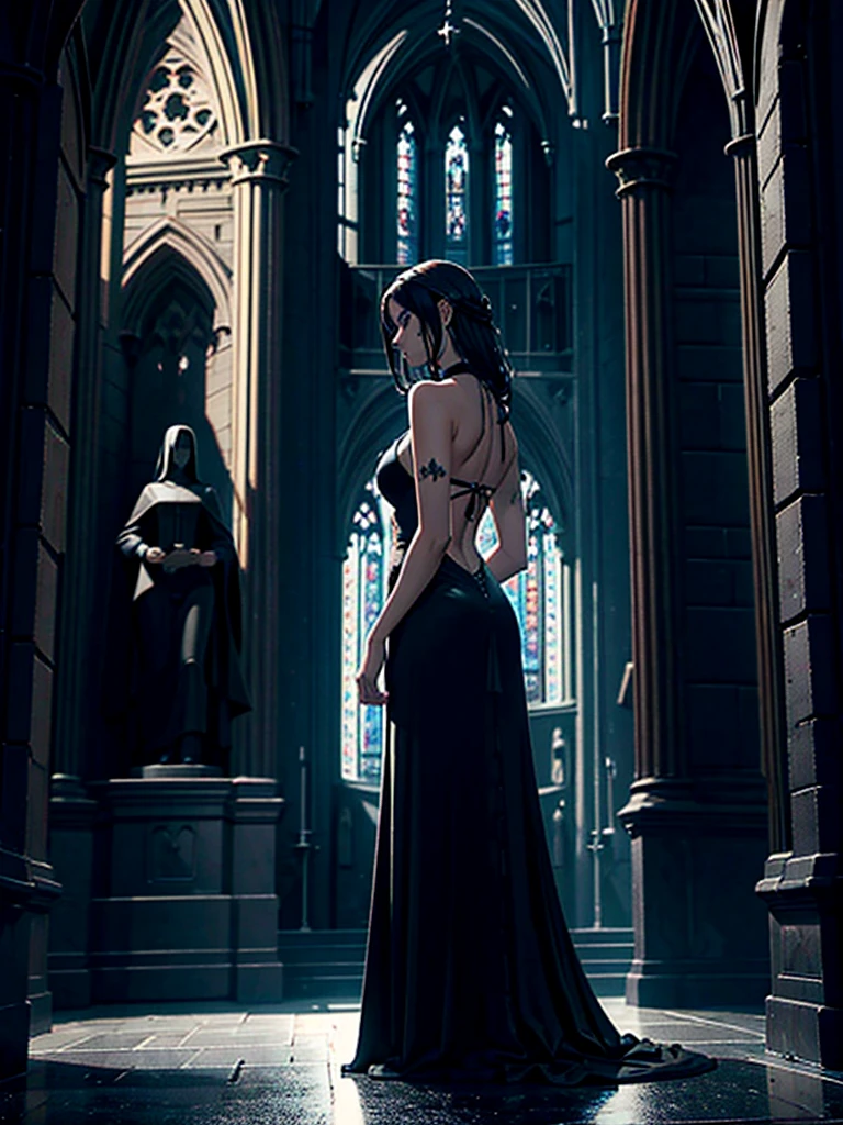 Young woman in big black dress, coal statue, made of coal, back wing, in big gothic church, evil, spooky, magic