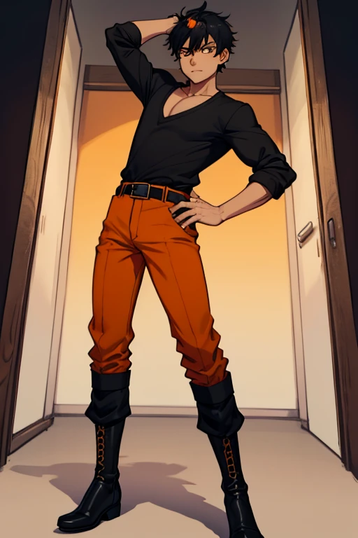 male, orange eyes, black hair, tan skin, (((1boy))), (((orange royal attire))), (black shirt), (black pants), (black boots), (black belt), long legs, young