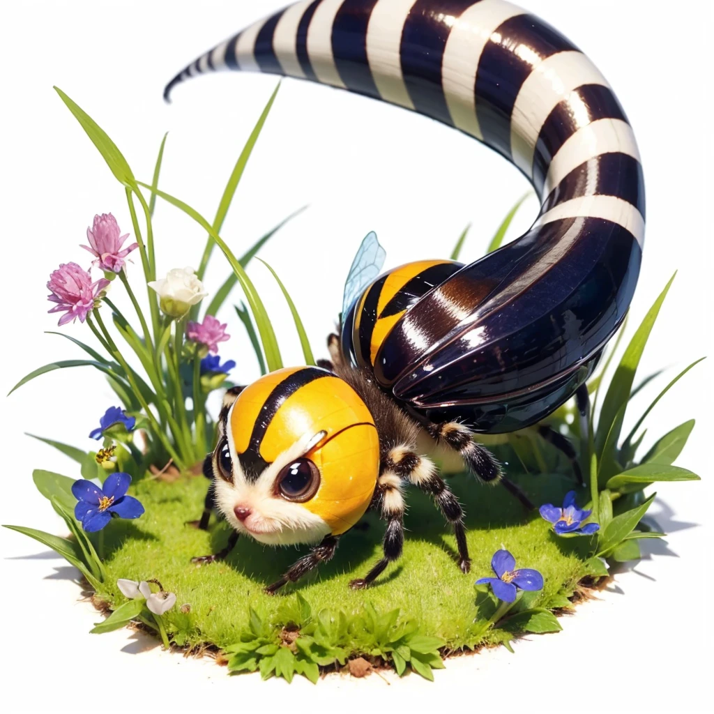 Small Animaly, has blue stripes on his skin, white eyes, bee mixed with spider, Grassroots, no background