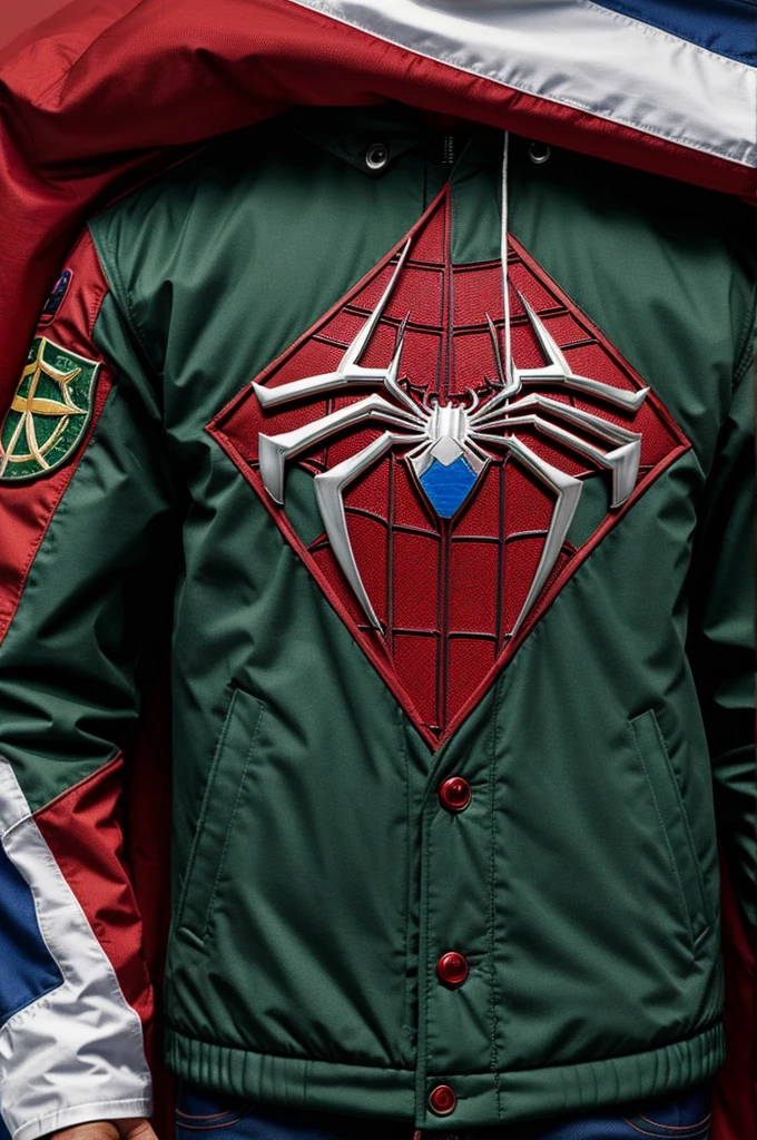 ((best quality)), ((masterpiece)), (detailed), Spiderman, wearing green stone island jacket, holding malaysia flag