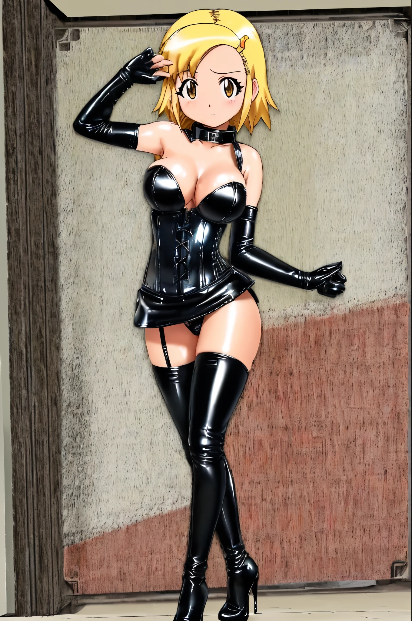 In a school classroom in the middle of the day、A classroom with many desks and chairs、(((chibi)))、(((Lori)))、(((low length)))、(((Child body type)))、BDSM、Queen、mistress、(((One girl)))、solo、(((Black latex elbow gloves:1.4 )))、(((Black latex corset dress:1.4)))、(((The corset dress is decorated with beautiful lace.)))、(((Corset dress with shoulder straps)))、(((黒いラテックスのタイトなミニskirt:1.4)))、(((Black Thigh Boots)))、(((Black fishnet stockings:1.2 )))、(((Stiletto heels:1.4)))、(((Black latex panties)))、(((Black latex bra)))、(((Black leather collar)))、(((Sexy pose:1.4 )))、Wide-open legs:1.2、(((Erotic)))、(((Cowboy Shot)))、(((Sexy pose)))、Spread your legs、(((erotic)))、(((Cowboy Shot)))、Professional photos of Angolmore, One girl,alone,View your viewers,skirt,Red hair ornament,tie,socks,Hair Clip,Sweater vest,Detailed skin, Big eyes,Detailed eyes、Detailed face, Light blonde,Brown eyes、Volumetric Light, High resolution, masterpiece, Highest quality、Frowning、Cold Stare、Contempt、blush