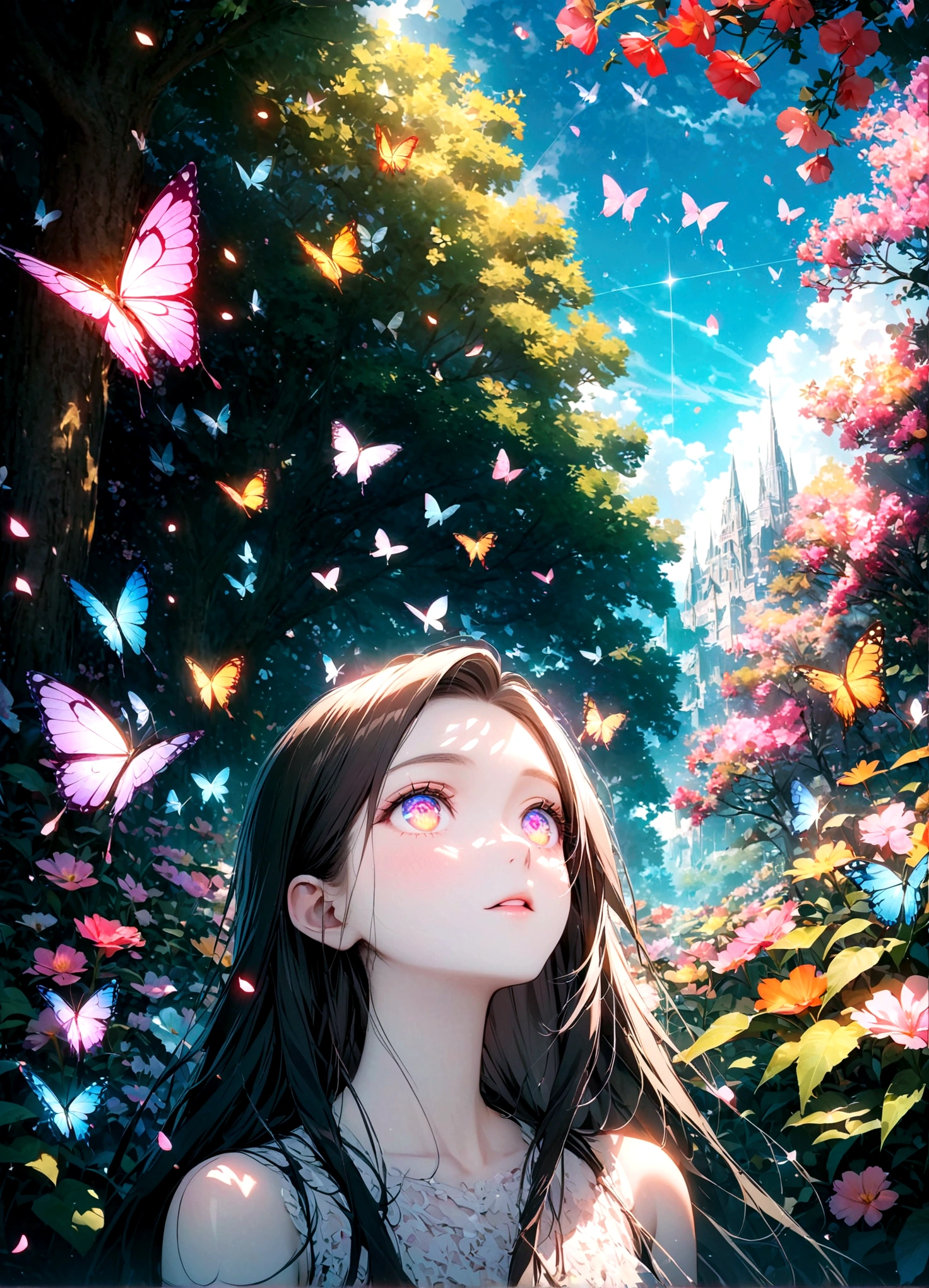 (woman\(student, s old, JK, Long Hair, Colorful eyes, Pale skin,) Looking up at the sky), (Many butterflies flying in the sky), Beautiful sky, summer,Colorful flowers are blooming everywhere, Petals fluttering、Mysterious and dreamy ,Giant Tree,quality\(8k,CG wallpaper, masterpiece,High resolution,top-quality,Surrealism,Increased resolution,RAW Photos,Best quality,Very detailed,Light,Ray Tracing,Golden Ratio)