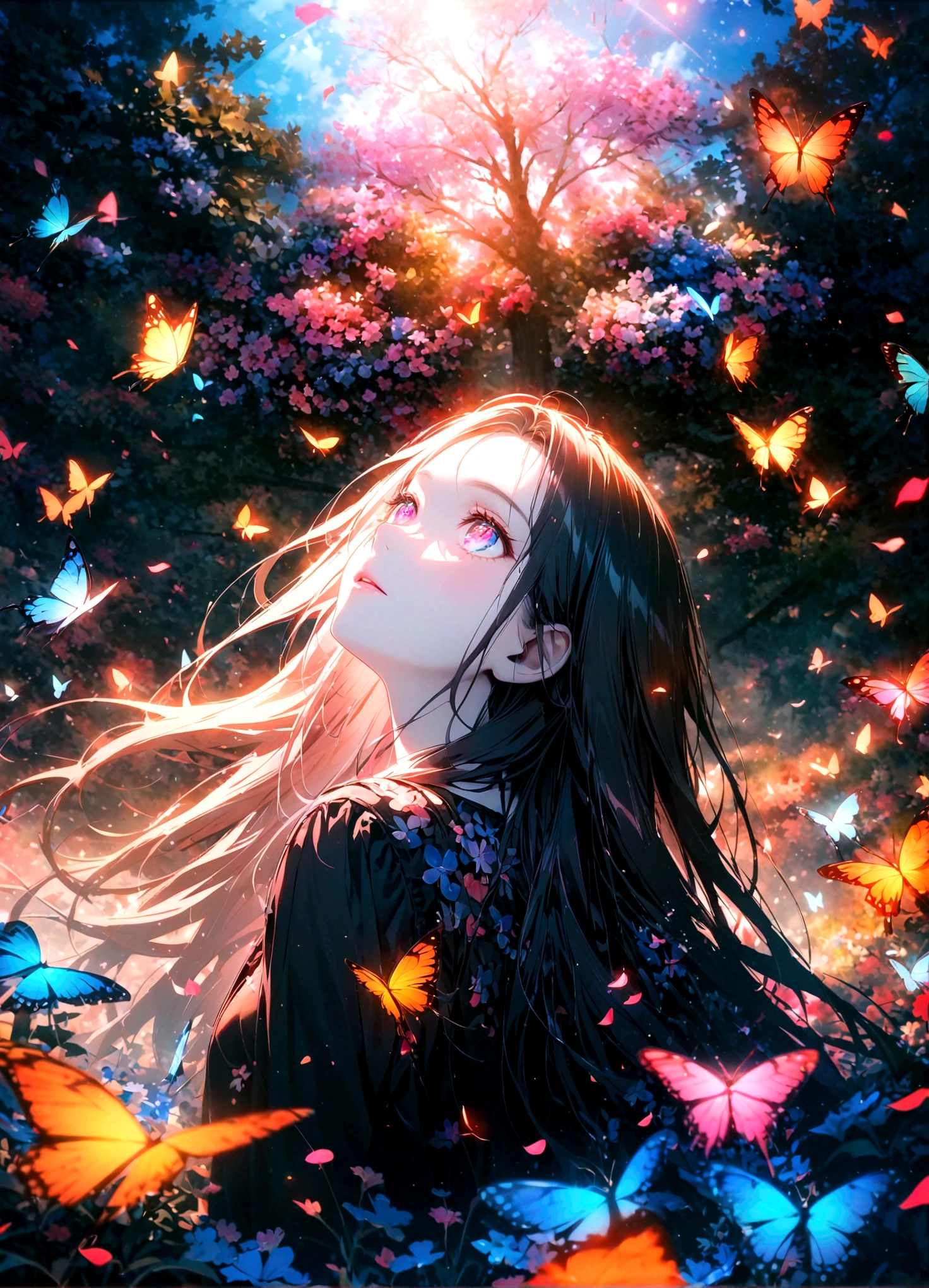 (woman\(student, , JK, Long Hair, Colorful eyes, Pale skin,) Looking up at the sky), (Many butterflies flying in the sky), Beautiful sky, summer,Colorful flowers are blooming everywhere, Petals fluttering、Mysterious and dreamy ,Giant Tree,quality\(8k,CG wallpaper, masterpiece,High resolution,top-quality,Surrealism,Increased resolution,RAW Photos,Best quality,Very detailed,Light,Ray Tracing,Golden Ratio)
