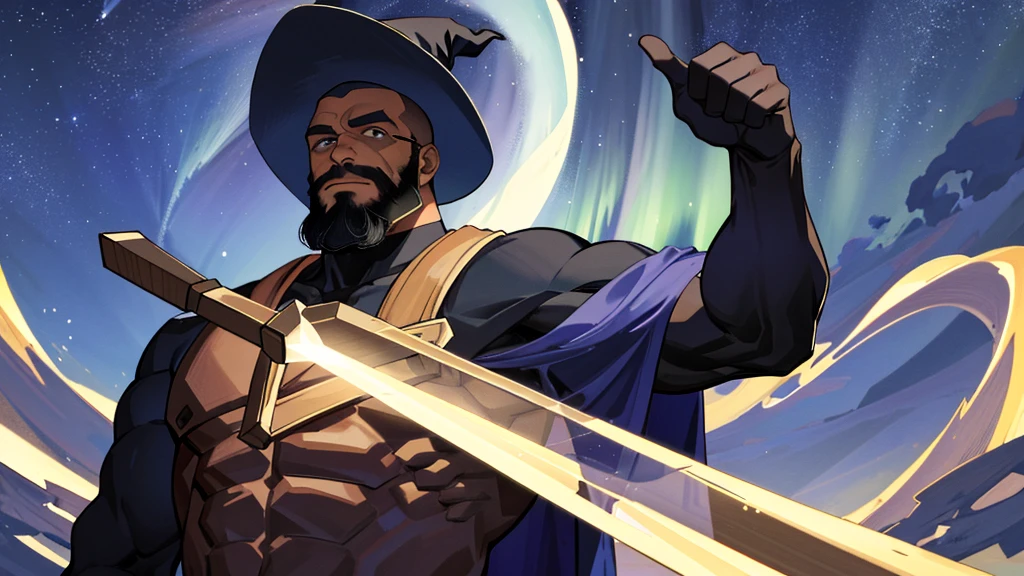 ((Masterpiece:1.2, Best quality)), 1man, Solo, (Witch hat), aurora, Night, Star (sky), mitts, sky, Night days, handsome black bodybuilder, goaty beard, bald head, huge muscles,