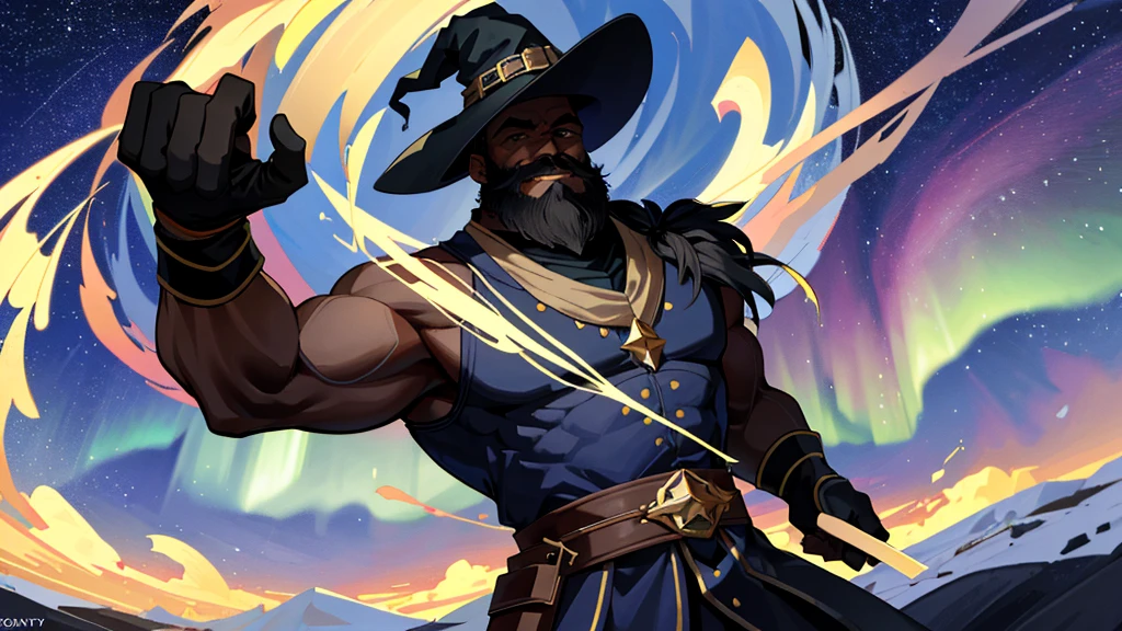 ((Masterpiece:1.2, Best quality)), 1man, Solo, (Witch hat), aurora, Night, Star (sky), mitts, sky, Night days, handsome black bodybuilder, goaty beard, bald head, huge muscles,