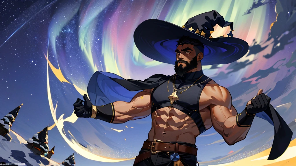 ((Masterpiece:1.2, Best quality)), 1man, Solo, (Witch hat), aurora, Night, Star (sky), mitts, sky, Night days, handsome black bodybuilder, goaty beard, bald head, huge muscles,