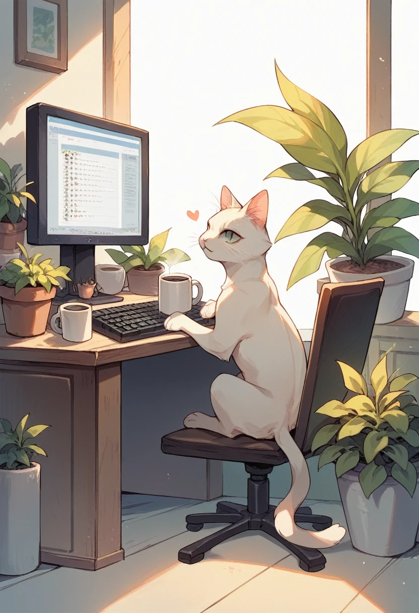 SD Main, Flat Illustration,
masterpiece, Highest quality,,No humans, Mug, plant, Cat, cup, Chair, heart, potted plant, White Background, coffee Mug, Sitting, alone, keyboard, monitor