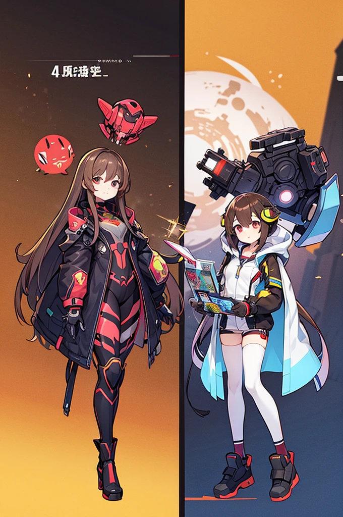 True Face、Full-body portrait、Are standing、Brown Hair、Long Hair、adult、Scientist、SF、Mechanical