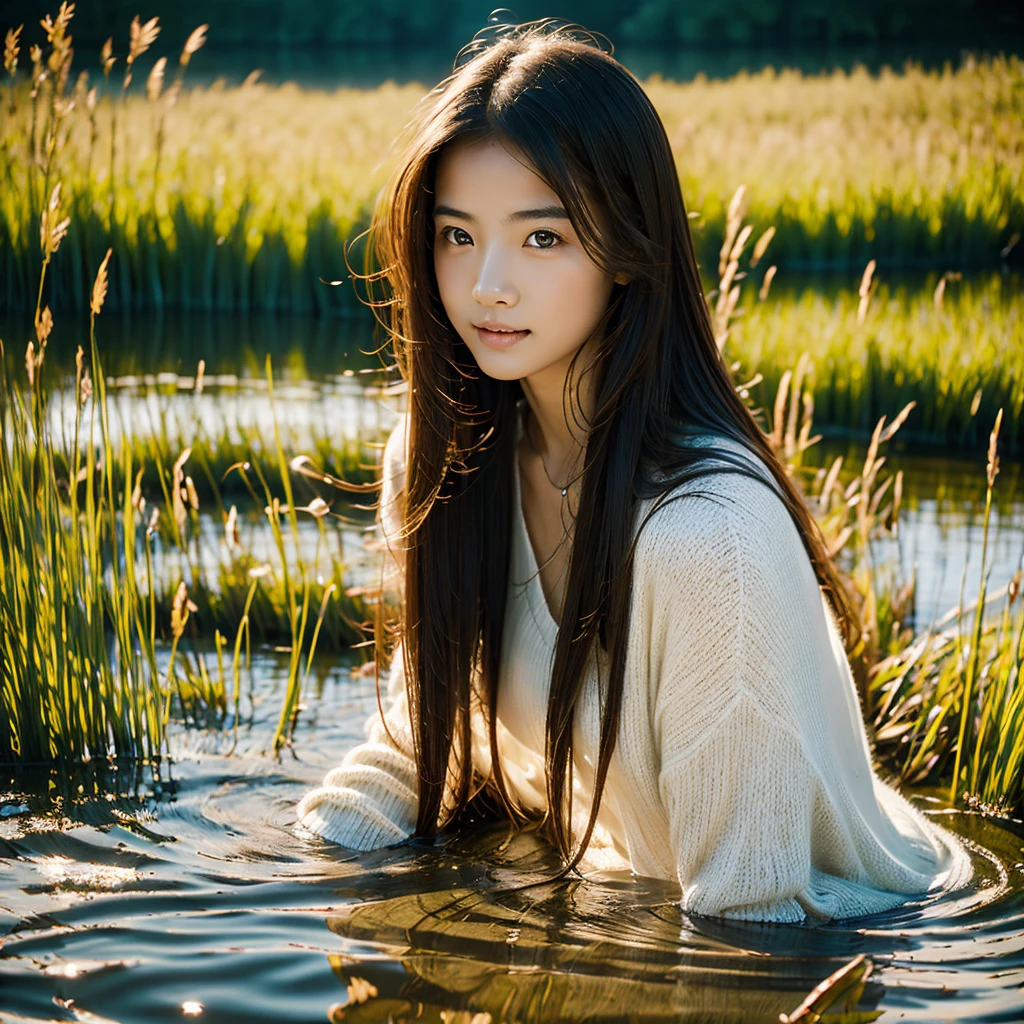 A beautiful woman with long hair playing in a lake surrounded by reeds hyper realistic mono 20yearsold