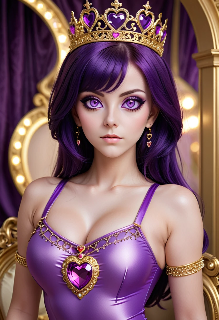 A sexy beautiful female supervillian who is a demigoddess , purple eyes and dark purple hair. She wears a skin tight pink sleeveless leotard, with a loincloth with a heart shaped symbol , she has gold bracelets and a small gold heart shaped tiara on her forehead high resolution portrait photography , in the style of realism, glistening skin, detailed realistic 4k highres masterpiece:1.2, UHD