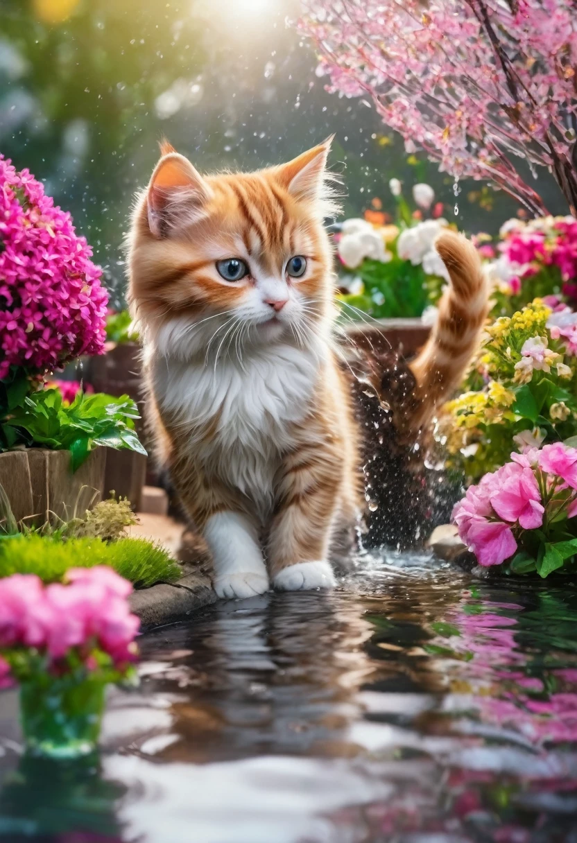 some adorable cats are playing water in the garden with amount flowers and trees in winter season