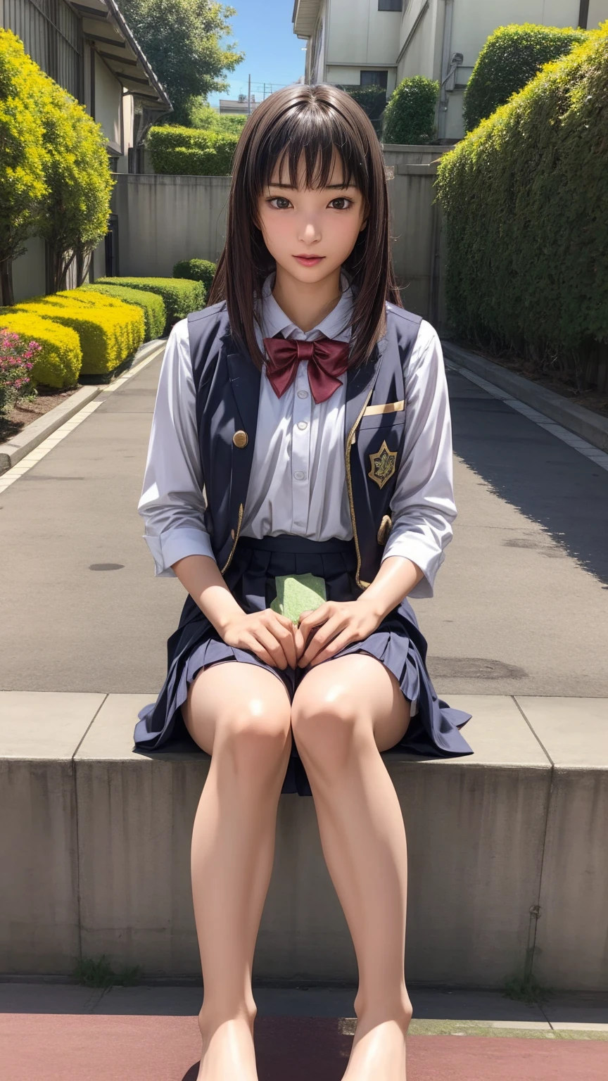 8K quality、High resolution、Realistic skin texture、High resolutionの瞳、A woman with a mature appearance、Japanese summer high school girls uniform、Princess Hair、thin、Realistic Female Genitalia、Small breasts、Realistic tongue、Small breastsの谷間、Brown Hair、thin脚、Sweating profusely、Sweat accumulates in the chest、Evening schoolyard、Bare feet、Full body photography、Wet clothes、Leak a lot
