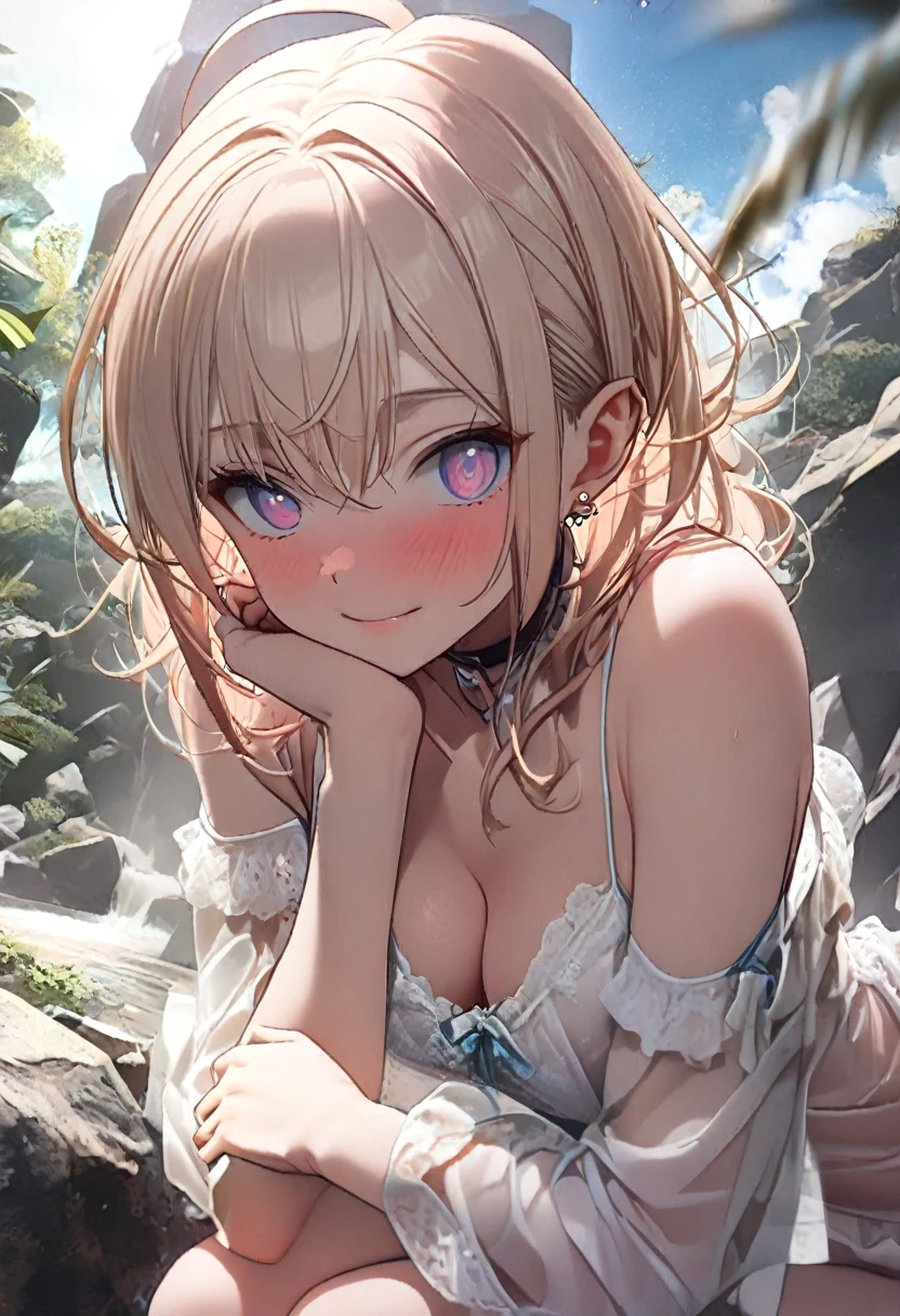 ((masterpiece, best quality, extremely detailed, absurdres)), (NSFW), in beach, 1girl, (Aru blue archive), from below, shy face, blush, wavy mouth, (completely nude), huge breasts, squatting, arms up, arms behind head,