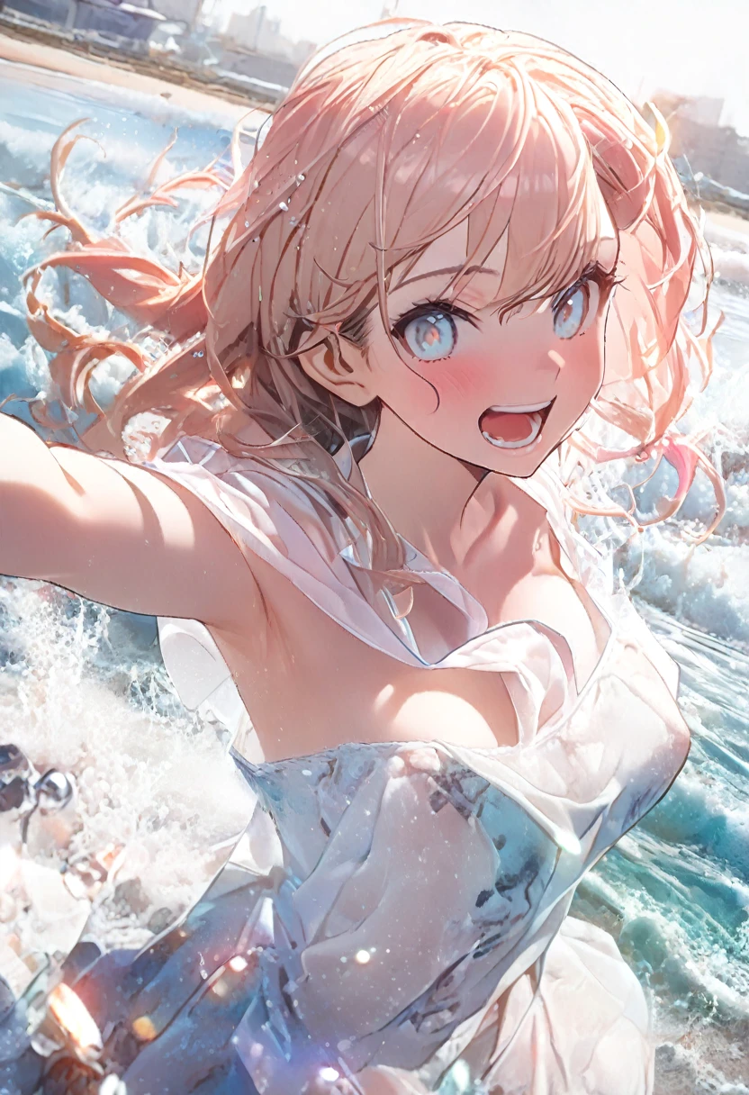 ((masterpiece, best quality, extremely detailed, absurdres)), (NSFW), in beach, 1girl, (Aru blue archive), from below, shy face, blush, wavy mouth, (completely nude), huge breasts, squatting, arms up, arms behind head,