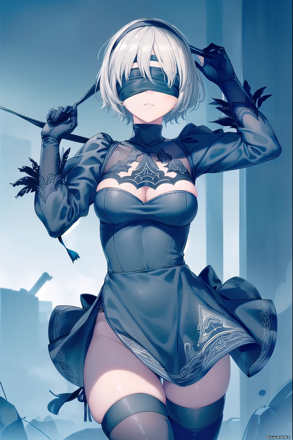 2b, 2b, (black Blindfolded:1.5), black Headband, Blindfolded, Headband, short hair, White hair, (Blindfold:1.7),
rest black skirt, black High Leg Raise, boots, Cleavage incision, Garment cutting, Headband, High heel, Long sleeve, , Side slits, skirt, thigh boots, High Leg Raise,
rest looking at viewer, whole body,
rest outdoors,
rest (masterpiece:1.2), best quality, high resolution, Unity 8K wallpaper, (illustration:0.8), (Beautiful and delicate eyes:1.6), Extremely detailed face, Perfect lighting, Extremely detailed CG, (Perfect hands, Perfect anatomical structure),