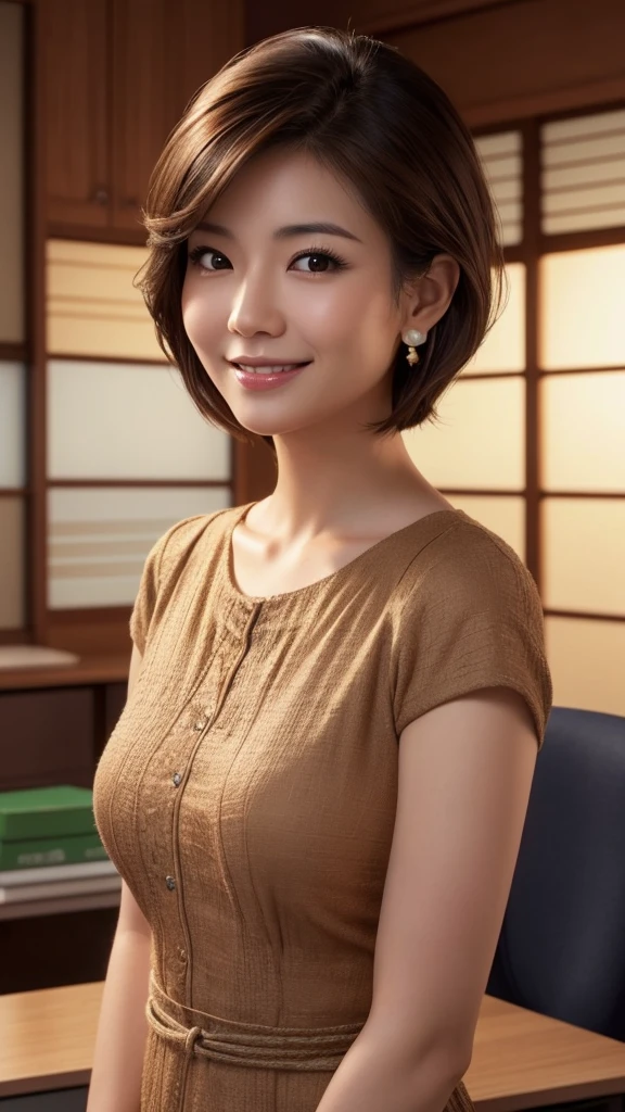 beautiful japanese woman, 30 years old, medium short length brown hair, medium sized breasts, (office lady:1.5), beautiful detailed eyes, beautiful detailed lips, extremely detailed face, small head, small areola, smiling, standing, cinematic lighting, photorealistic, 8k, high quality, hyper detailed, (rough skin:1.3), look at me,