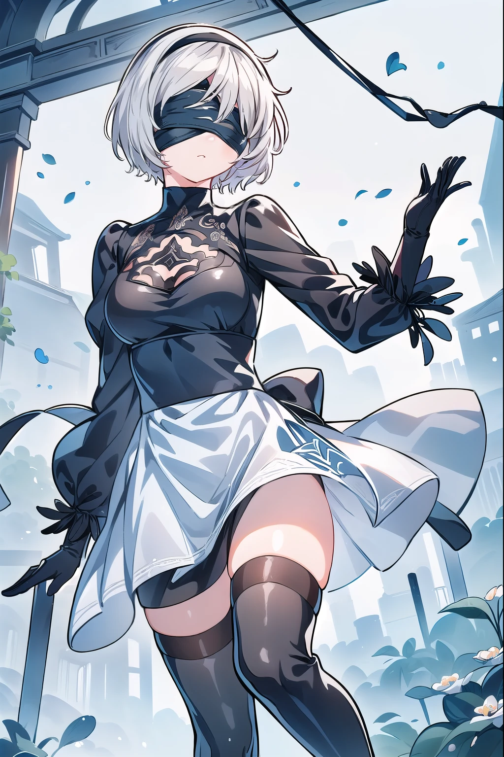 2b, 2b, (black Blindfolded:1.5), black Headband, Blindfolded, Headband, short hair, White hair, (Blindfold:1.7),
rest black skirt, black High Leg Raise, boots, Cleavage incision, Garment cutting, Headband, High heel, Long sleeve, , Side slits, skirt, thigh boots, High Leg Raise,
rest looking at viewer, whole body,
rest outdoors,
rest (masterpiece:1.2), best quality, high resolution, Unity 8K wallpaper, (illustration:0.8), (Beautiful and delicate eyes:1.6), Extremely detailed face, Perfect lighting, Extremely detailed CG, (Perfect hands, Perfect anatomical structure),