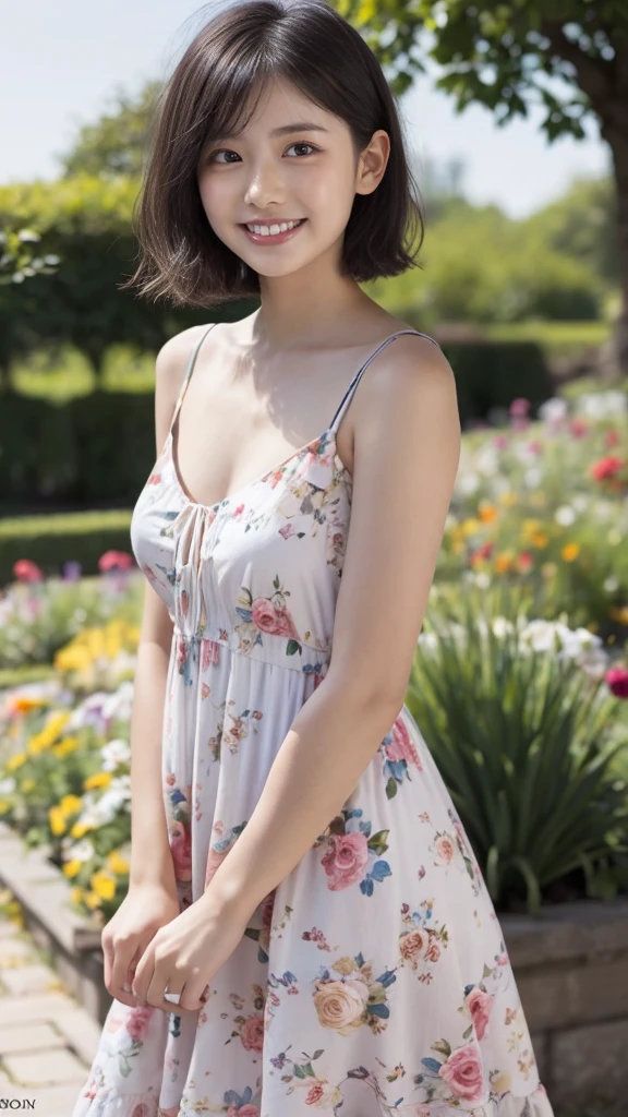 masterpiece, highest quality, disorganized, perfect anatomy, 1 girl, alone, pascal tales, short hair, beautiful, Hilarious, sunny day, botanical garden, Summer winds, sundress, Floral, wavy hair, smile