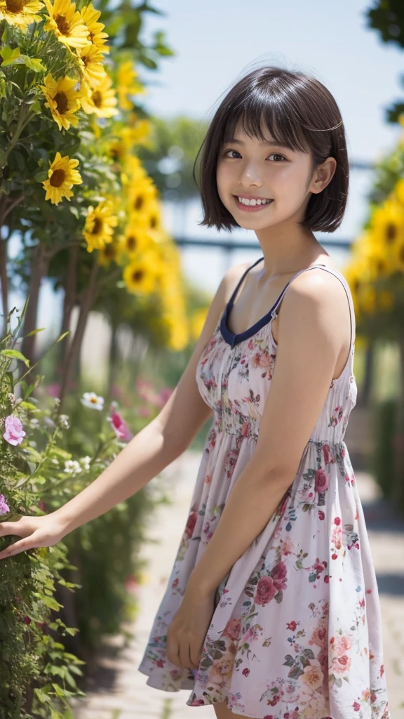 masterpiece, highest quality, disorganized, perfect anatomy, 1 girl, alone, pascal tales, short hair, beautiful, Hilarious, sunny day, botanical garden, Summer winds, sundress, Floral, wavy hair, smile