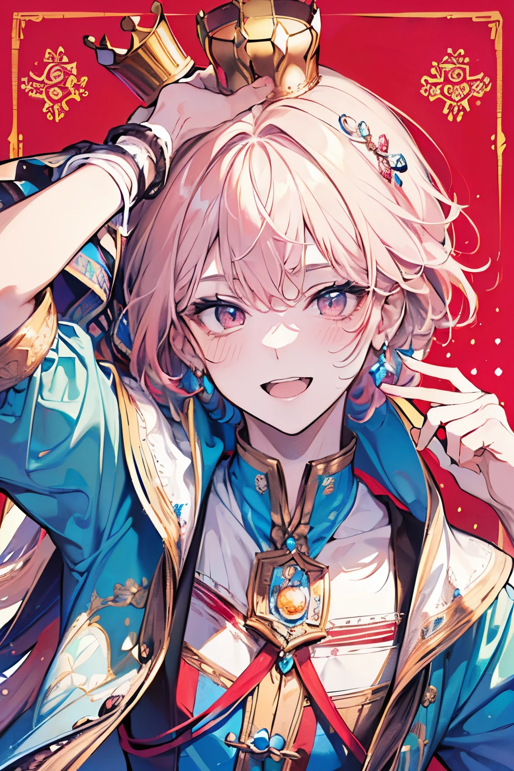((man around 20 years old:1.3)),((It's a Small World:1.3)),Prince style from the fairy tale world,alice in wonderland,cheshire cat,close up of face,(polka dot background:1.2),red、white、pink、yellow,(look up:1.15),(blush、Full of energy、Ahegao:1.15),((arm up:1.35)),((Top view:1.2)),(A big smile:1.1),Close-up of face,((A large, luxurious crown on the head👑:1.4)),((high Quality:1.3)),((beautiful image:1.3)),((perfect picture:1.3))