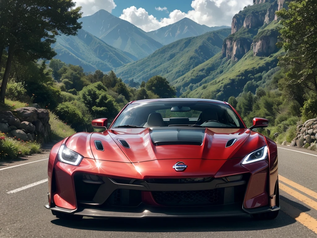 Super tall busty brunette resolution 13 years、Uma qualidade de imagem ultra-alta、8K、Detalhes detalhados、wonderful expression、summer volleyball、lindo verde fresco、A bright red sports car is parked on a mountain road built along the mountain...、Com mulheres bonitas.....、Nissan SR311 Sports Coupe