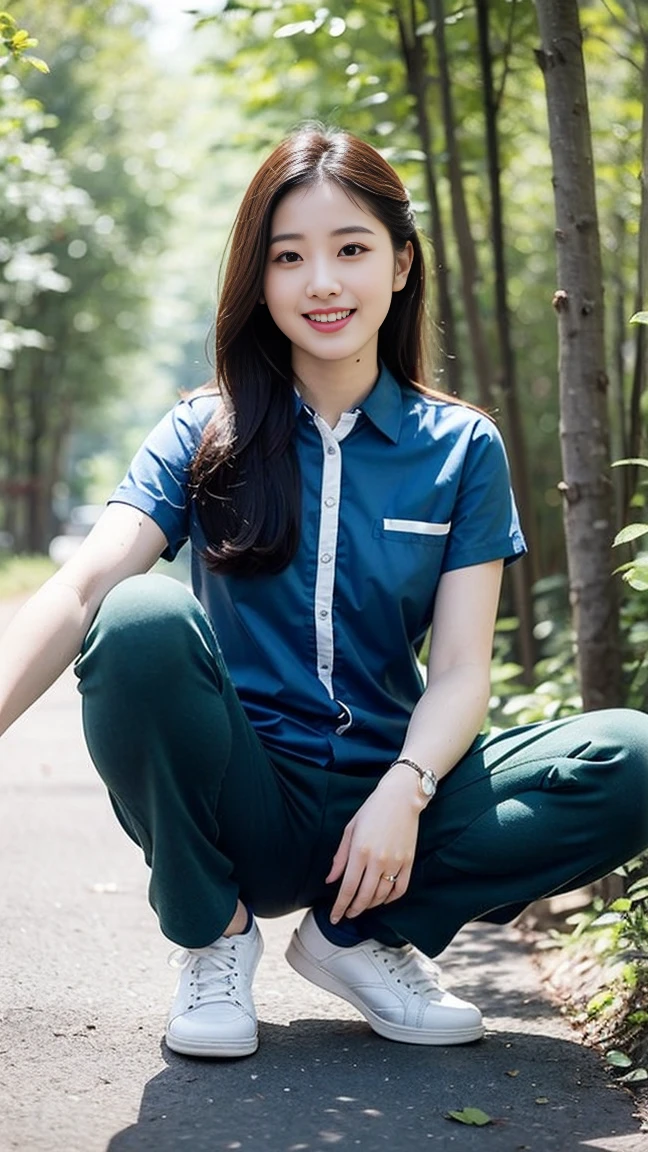 masterpiece, best quality, Surreal, Ultra Detailed, 8k resolution, RAW photos, Clear focus, (A girl in the forest), ((navy blue shirt:1.1)), Short sleeve, Long sweatpants,Full body posture, Solitary, Perfect body, Become a, 32 inches in the chest,(a charming smile:1), (sexy pose)，26 years old, light,White shoes