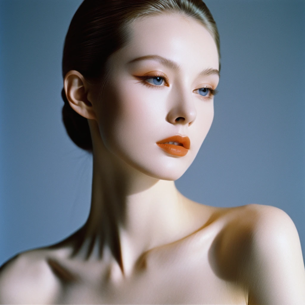 Photograph by Serge Lutens (1.8), pale skin, ((evil slavic woman)), long dark blond hair, in profile, wide angle dim atmosphere, stunning, modern, dark, clean, artsy indoor surrounding, casting a dreamlike atmosphere eyes reflect some light, Shiseido-style Vogue-Style 1990s style and setting Various gentle half body poses and angles Consistent facial and body features Photorealistic and highly detailed Artistic and evocative High-quality finish Ensuring vibrant, detailed features Technical details: wide angle lens Selective focus with Kodak film effect: 1.2 Shallow depths of field