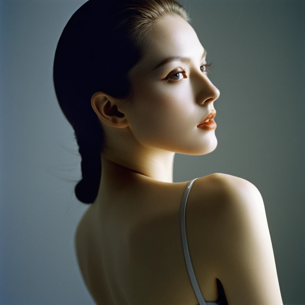 Photograph by Serge Lutens (1.8), pale skin, ((evil slavic woman)), long dark blond hair, in profile, wide angle dim atmosphere, stunning, modern, dark, clean, artsy indoor surrounding, casting a dreamlike atmosphere eyes reflect some light, Shiseido-style Vogue-Style 1990s style and setting Various gentle half body poses and angles Consistent facial and body features Photorealistic and highly detailed Artistic and evocative High-quality finish Ensuring vibrant, detailed features Technical details: wide angle lens Selective focus with Kodak film effect: 1.2 Shallow depths of field