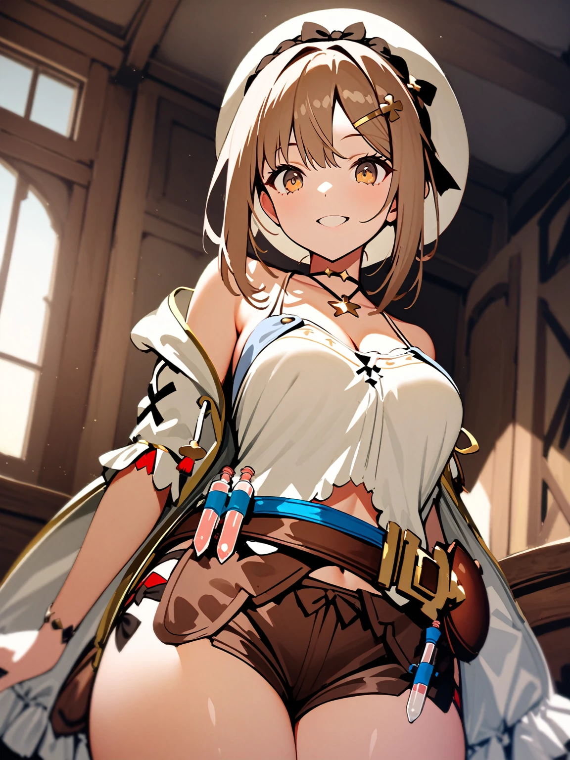 ((solo girl)),((Perfect body,))((Super beautiful,))((High quality,)),in bedroom,((Perfect body,))((Super beautiful,))((High quality,))breast,collar,nswf,cowboy shot,from below,Smile, 1girl, ((Reisalin Stout,Atelier Ryza,hat,hairbow))