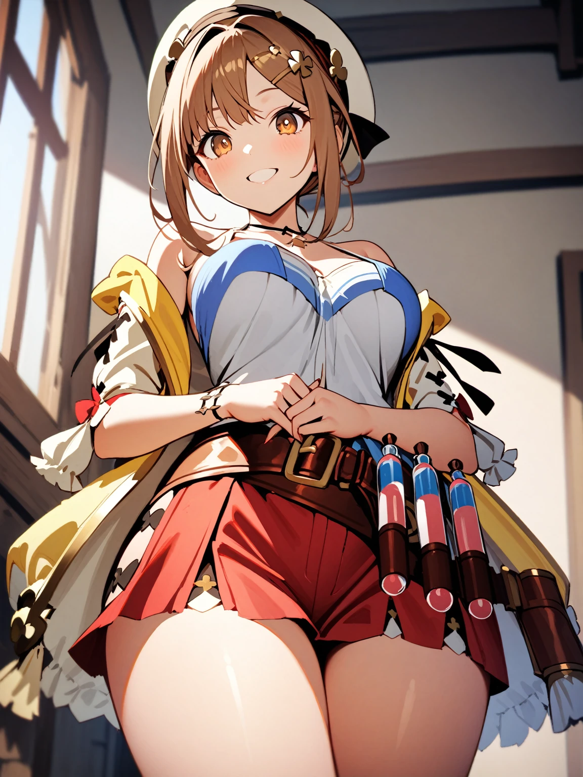 ((solo girl)),((Perfect body,))((Super beautiful,))((High quality,)),in bedroom,((Perfect body,))((Super beautiful,))((High quality,))breast,collar,nswf,cowboy shot,from below,Smile, 1girl, ((Reisalin Stout,Atelier Ryza,hat,hairbow))