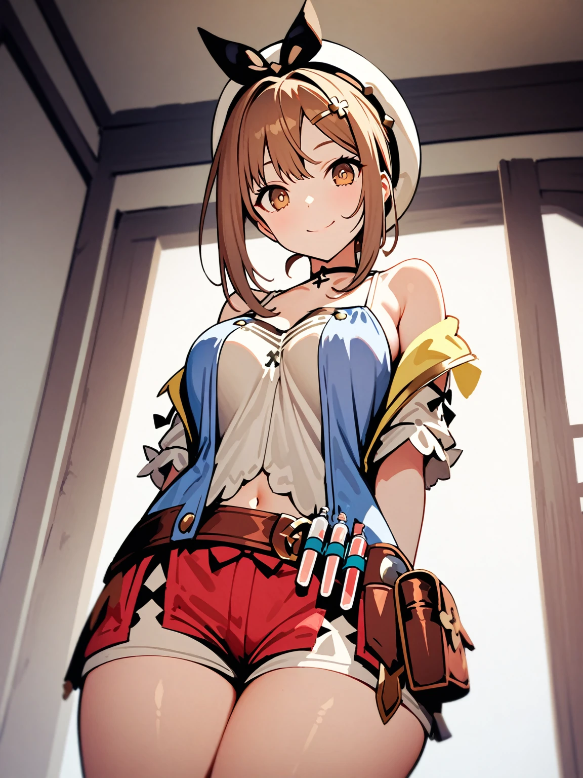 ((solo girl)),((Perfect body,))((Super beautiful,))((High quality,)),in bedroom,((Perfect body,))((Super beautiful,))((High quality,))breast,collar,nswf,cowboy shot,from below,Smile, 1girl, ((Reisalin Stout,Atelier Ryza,hat,hairbow))