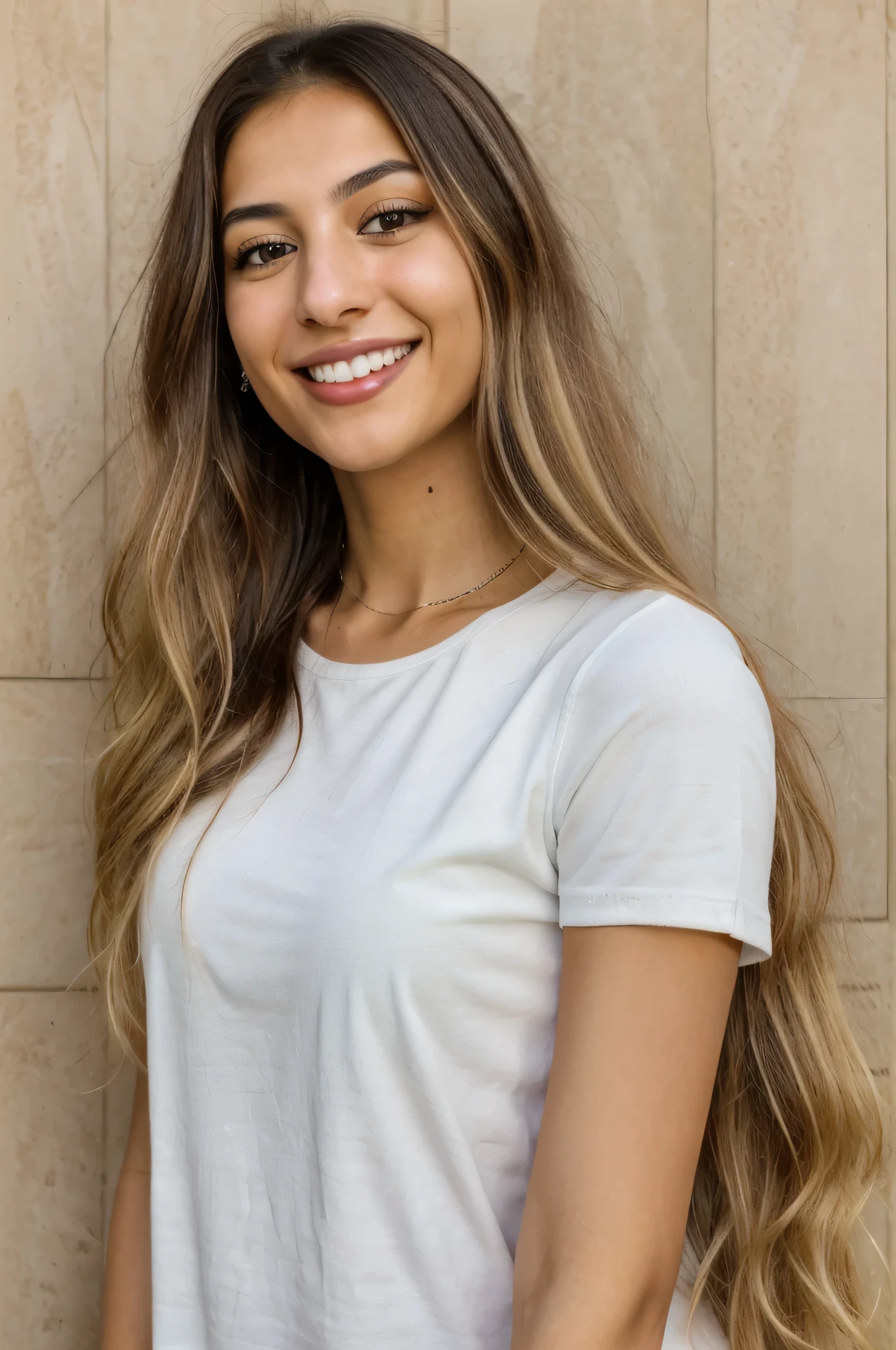24YO, one attractive Jordanian women, cute smile, white teethes, skinny face, green shirt, light brown eyes, small nose, black/blonde long hair
