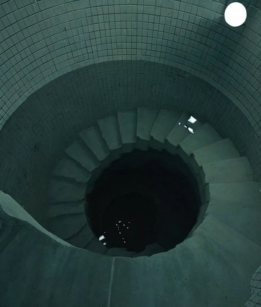 This image shows a circular staircase going down into a dark hole. The staircase is made of concrete and has a rough, textured surface. The hole is very dark and appears to be deep. The image is shot from a slightly high angle, looking down at the staircase. The lighting is soft and diffused, creating a sense of mystery and intrigue.