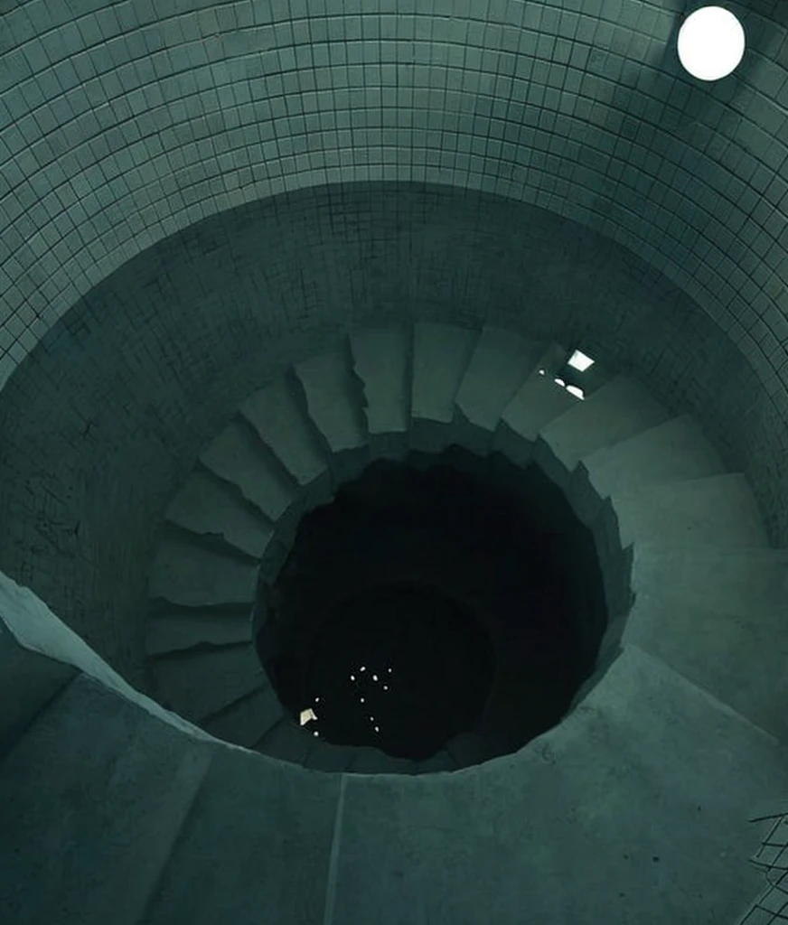 This image shows a circular staircase going down into a dark hole. The staircase is made of concrete and has a rough, textured surface. The hole is very dark and appears to be deep. The image is shot from a slightly high angle, looking down at the staircase. The lighting is soft and diffused, creating a sense of mystery and intrigue.